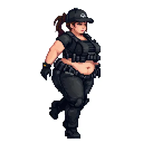 1 woman, white background, <lora:pixel (11):1>, pixel,pixel art,pixelart,xiangsu,xiang su, <lora:symix-5-1:0.4>, thick thighs, wide hips, <lora:ethica:0.4>, obese ethica, chubby face, ponytail, baseball cap, tactical outfit, plate carrier, black short sleeve crop top, pants, gloves, side view, running
