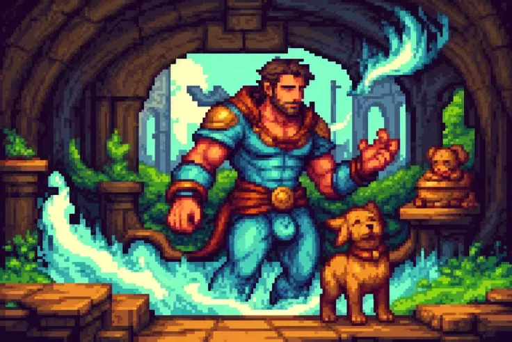 (illustration),anime, mature man, (human handsome guy), effect,fantasy, floating seal magic, mage, training room, pet dog, bulge, <lora:pixel sprites:0.8> pixel,pixel art,pixelart,xiangsu,xiang su