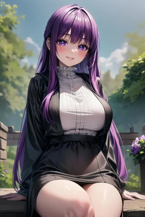 best quality, masterpiece, 1girl, (solo:1.1), raytracing, ultra detailed,detailed face, 8k wallpaper, wide hips, <lora:more_details:0.5>, FernNDV, 1girl, purple hair, purple eyes, large breasts, long hair, open clothes, black robe,long white dress, <lora:FernNDV:0.7>, smile, outdoor, sitting