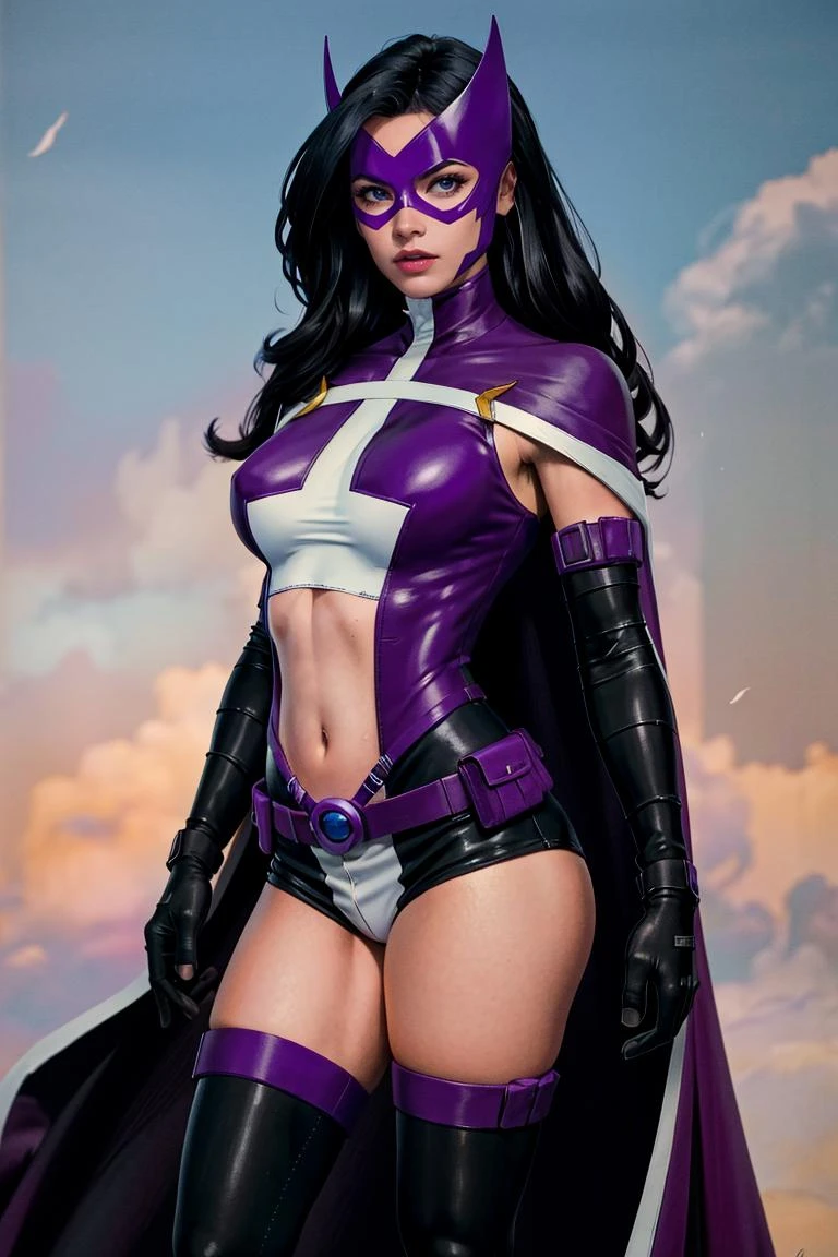 (masterpiece:1.4),(best quality:1.4),(absurdres:1.4),pin-up,
CARTOON_DC_huntress_ownwaifu, www.ownwaifu.com,
long hair, breasts, black hair, makeup, large breasts, lipstick, lips, blue eyes, red lips,
gloves, thighhighs, cape, mask, navel, elbow gloves, superhero, midriff, belt, leotard, purple gloves, utility belt, pouch, belt pouch, domino mask, black thighhighs, purple leotard, purple thighhighs, short shorts, clothing cutout, bodysuit, impossible clothes, purple cape, navel cutout,
<lora:CARTOON_DC_huntress_ownwaifu-15:0.8> ,
(absurdres, highres, incredibly_absurdres:1.4),scenery,masterpiece,