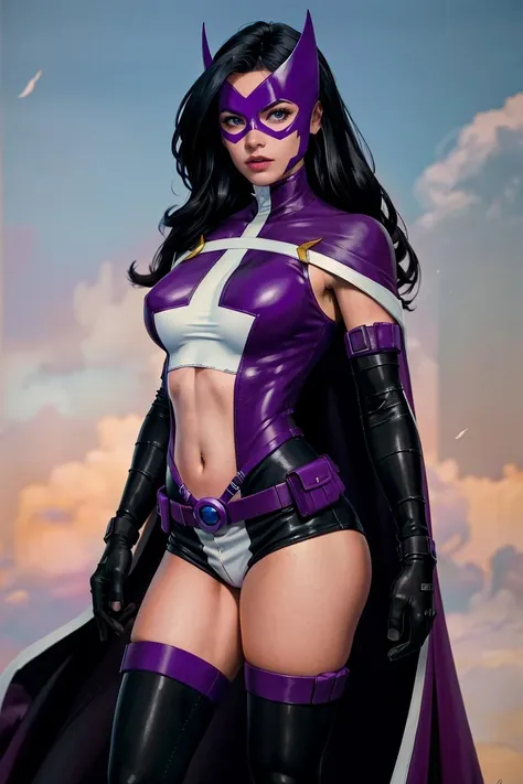 (masterpiece:1.4),(best quality:1.4),(absurdres:1.4),pin-up,    
CARTOON_DC_huntress_ownwaifu, www.ownwaifu.com, 
long hair, breasts, black hair, makeup, large breasts, lipstick, lips, blue eyes, red lips, 
gloves, thighhighs, cape, mask, navel, elbow gloves, superhero, midriff, belt, leotard, purple gloves, utility belt, pouch, belt pouch, domino mask, black thighhighs, purple leotard, purple thighhighs, short shorts, clothing cutout, bodysuit, impossible clothes, purple cape, navel cutout, 
<lora:CARTOON_DC_huntress_ownwaifu-15:0.8> ,
(absurdres, highres, incredibly_absurdres:1.4),scenery,masterpiece,