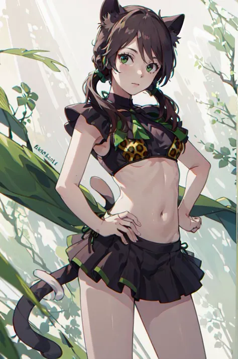 <lora:Leopard Frills Bikini By Stable Yogi:1> leopard print frills bikini, <lora:RtPL-Rose:1> rose_(riviera), cat_ears, green_eyes, cat_tail, black_hair, green_bow,, ultra detailed, masterpiece, best quality, aesthetic, detailed,