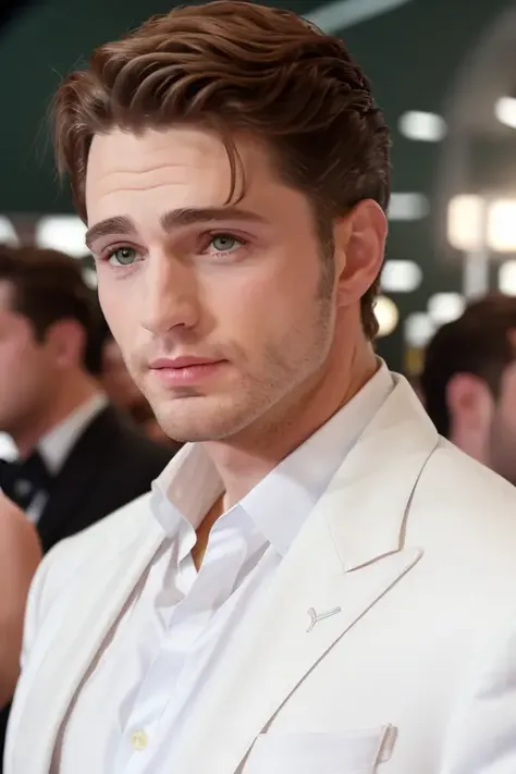 a man in a stunning white suit, at the crowded oscars party, people in the background, clean shaven, (close up, face), raw, 8k uhd <lora:jasonPriestly:1>