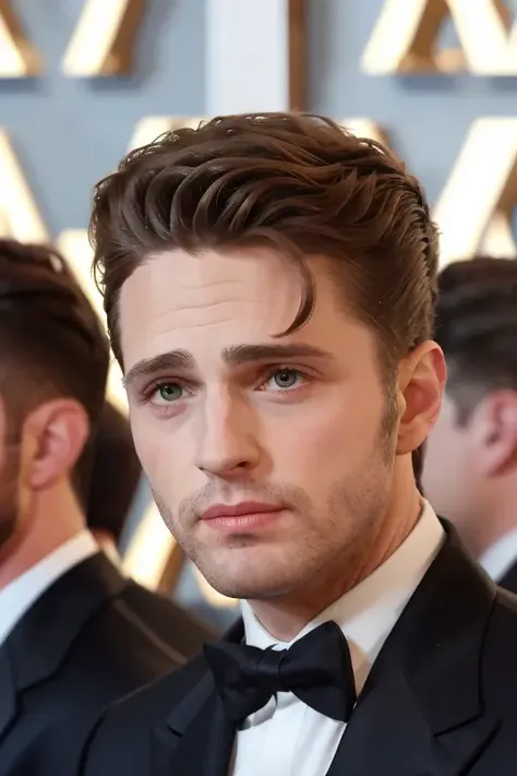 a man in a stunning suit, at the crowded oscars party, people in the background, (close up, face), raw, 8k uhd <lora:jasonPriestly:1>