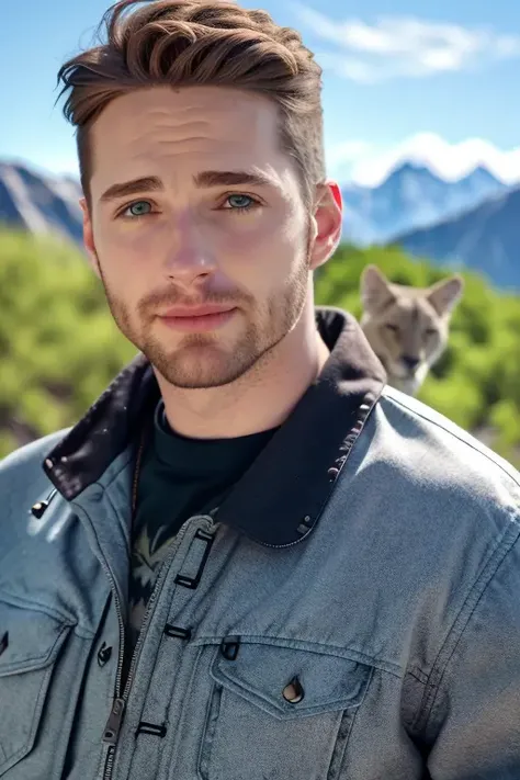 a man hiking up a mountain on a sunny day, natural lighting, perfect day, jacket, upper body, piercing eyes, ((wildlife in background)), [smiling], raw, 8k uhd <lora:jasonPriestly:1>