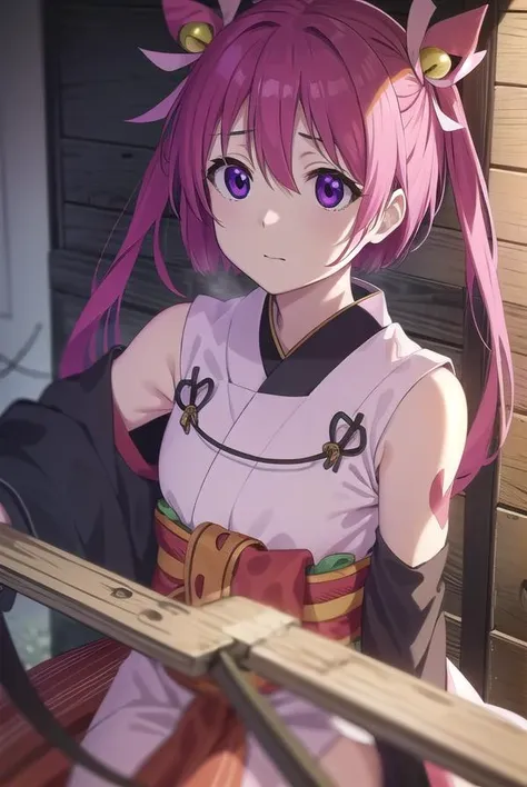 oomiyanomenokami, <lora:oomiyanome no kami s1-lora-nochekaiser:1>,
oomiyanome no kami, long hair, hair ornament, twintails, (purple eyes:1.1), purple hair, bell, hair bell,
BREAK skirt, detached sleeves, japanese clothes, necklace, miko, magatama,
BREAK outdoors, shrine,
BREAK looking at viewer, (cowboy shot:1.5),
BREAK <lyco:GoodHands-beta2:1>, (masterpiece:1.2), best quality, high resolution, unity 8k wallpaper, (illustration:0.8), (beautiful detailed eyes:1.6), extremely detailed face, perfect lighting, extremely detailed CG, (perfect hands, perfect anatomy),