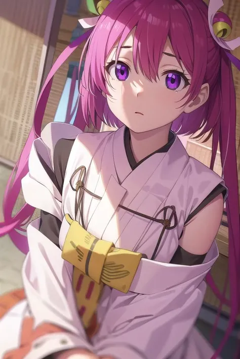 oomiyanomenokami, <lora:oomiyanome no kami s1-lora-nochekaiser:1>,
oomiyanome no kami, long hair, hair ornament, twintails, (purple eyes:1.1), purple hair, bell, hair bell,
BREAK skirt, detached sleeves, japanese clothes, necklace, miko, magatama,
BREAK outdoors, shrine,
BREAK looking at viewer, (cowboy shot:1.5),
BREAK <lyco:GoodHands-beta2:1>, (masterpiece:1.2), best quality, high resolution, unity 8k wallpaper, (illustration:0.8), (beautiful detailed eyes:1.6), extremely detailed face, perfect lighting, extremely detailed CG, (perfect hands, perfect anatomy),