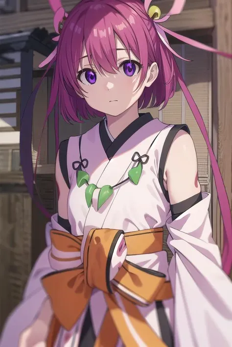 oomiyanomenokami, <lora:oomiyanome no kami s1-lora-nochekaiser:1>,
oomiyanome no kami, long hair, hair ornament, twintails, (purple eyes:1.1), purple hair, bell, hair bell,
BREAK skirt, detached sleeves, japanese clothes, necklace, miko, magatama,
BREAK outdoors, shrine,
BREAK looking at viewer, (cowboy shot:1.5),
BREAK <lyco:GoodHands-beta2:1>, (masterpiece:1.2), best quality, high resolution, unity 8k wallpaper, (illustration:0.8), (beautiful detailed eyes:1.6), extremely detailed face, perfect lighting, extremely detailed CG, (perfect hands, perfect anatomy),