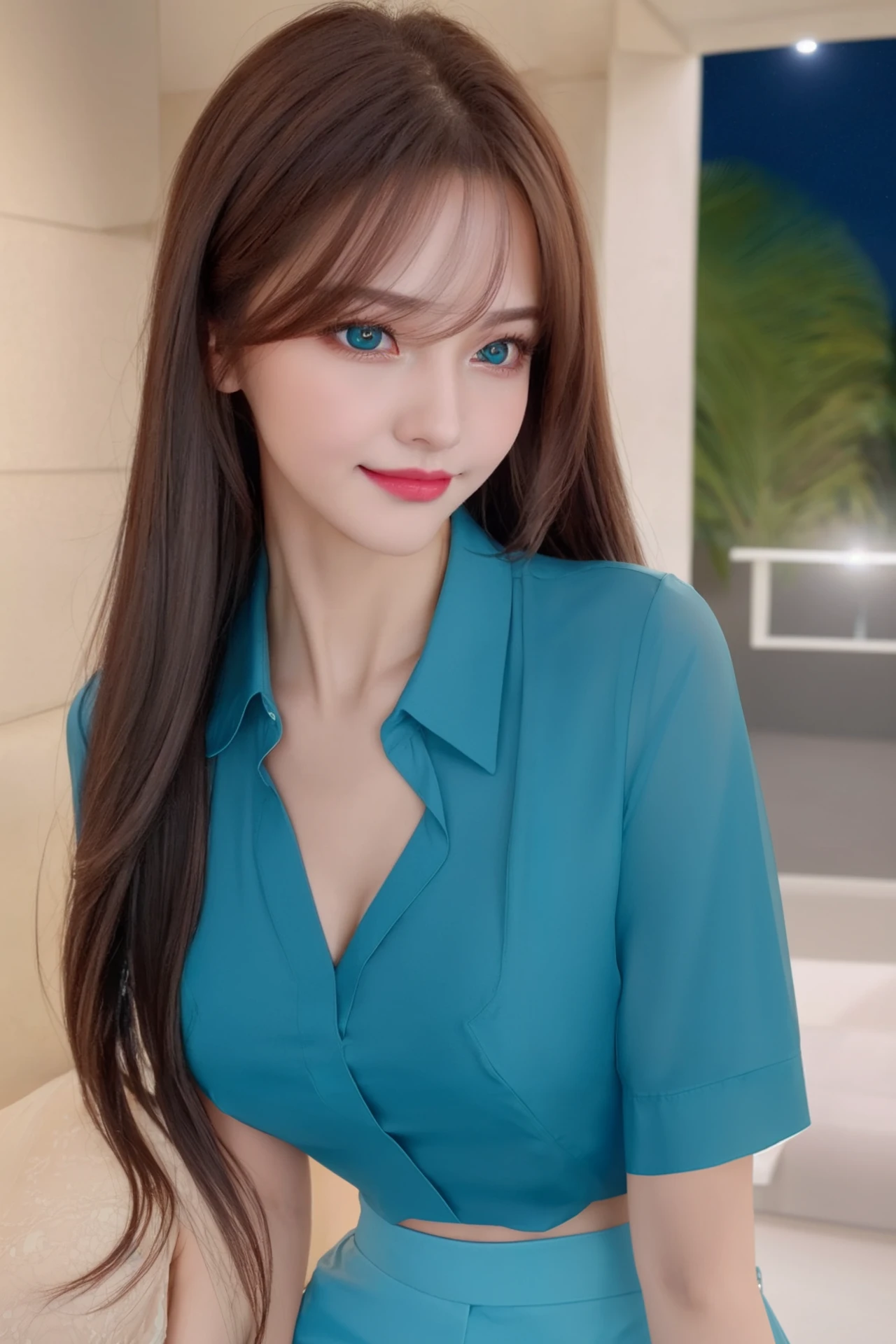 <lora:pmj.ChilloutMix-ni-fp16.v1:0.7>professional detailed photo of pmj with straight brown hair, night time,
(best quality, masterpiece:1.2), photorealistic,(cinematic composition:1.3), ultra high res, cinematic lighting, Exquisite details and textures, professional lighting, photon mapping, radiosity, physically-based rendering, indoor, hair clip,
1girl, beautiful detailed sky, bedroom, night, (nose blush), (smile:1.1), (closed mouth) small breasts, beautiful detailed eyes:1.3, (bright teal stylish slim unbuttoned v neck slim fit blouse), night, wet, rain, floating hair , photoshoot, (halfbody:1.2), (slim waist:1.2), side view, short blue slim skirt, luxurious purse, side pose, cleavage, side shot,
