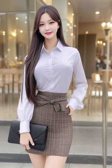 <lora:pmj.ChilloutMix-ni-fp16.v1:0.7>pmj with long straight brown hair,
16K,UHD, best quality, masterpiece:1.2, (realistic, photo-realistic:1.37), ultra-detailed, 1girl, cute, solo, beautiful detailed sky, detailed cafe, night, dating, (nose blush), (smile:1.1), (closed mouth) small breasts, beautiful detailed eyes, (stylish shirt), night, wet, business attire, rain, floating hair , photoshoot, (halfbody:1), (slim waist:1.5), side, black plaid short pencil skirt, luxurious purse,