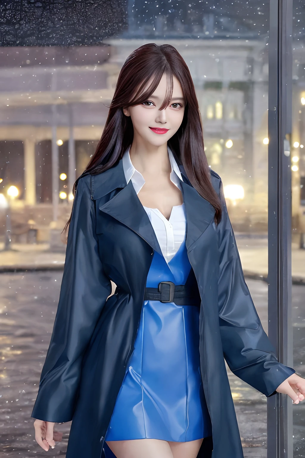 <lora:pmj.ChilloutMix-ni-fp16.v1:0.9>professional photo of pmj with long straight brown hair, night view, night time, night light,
(best quality, masterpiece:1.2), photorealistic,(cinematic composition:1.3), ultra high res, cinematic lighting, ambient lighting, sidelighting, Exquisite details and textures,professional lighting, photon mapping, radiosity, physically-based rendering,
1girl, beautiful detailed sky, detailed cafe, night, dating, (nose blush), (smile:1.1), (closed mouth) small breasts, beautiful detailed eyes:1.3, (bright blue stylish blouse), black long detailed trench coat:1.1 night, wet, rain, floating hair , photoshoot, (halfbody:1.2), (slim waist:1.2), side, short blue skirt, luxurious purse, side pose,