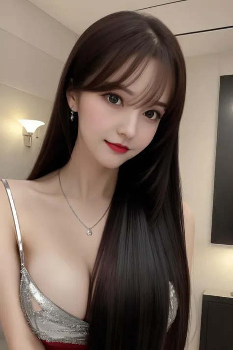 <lora:pmj.ChilloutMix-ni-fp16.v1:0.7>professional detailed photo of pmj with straight brown hair,  night time,
(best quality, masterpiece:1.2), photorealistic,(cinematic composition:1.3), ultra high res, cinematic lighting, Exquisite details and textures, professional lighting, photon mapping, radiosity, physically-based rendering, indoor, hair clip, 
16 year woman, 
1 girl, beautiful detailed sky, bedroom, night, (nose blush), ([smile::0.8]:1.1), (closed mouth) small breasts, beautiful detailed eyes:1.3, (bright red stylish slim unbuttoned v neck slim fit short blouse with ribbons), night, wet, rain, floating hair , photoshoot, (halfbody:1.2), (slim waist:1.2), side view, (silver trimmed black dress:1.3), luxurious purse, side pose, cleavage, (side shot:1.3), closed lips, closed mouth, look over shoulder,