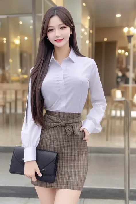 <lora:pmj.ChilloutMix-ni-fp16.v1:0.7>pmj with long straight brown hair, 

16K,UHD, best quality, masterpiece:1.2, (realistic, photo-realistic:1.37), ultra-detailed, 1girl, cute, solo, beautiful detailed sky, detailed cafe, night, dating, (nose blush), (smile:1.1), (closed mouth) small breasts, beautiful detailed eyes, (stylish shirt), night, wet, business attire, rain, floating hair , photoshoot, (halfbody:1), (slim waist:1.5), side, black plaid short pencil skirt, luxurious purse,