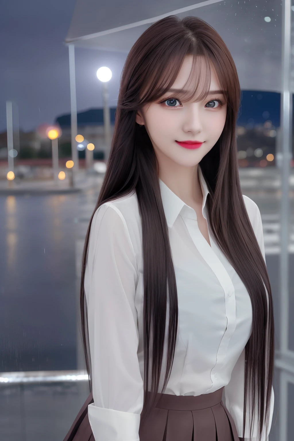<lora:pmj.ChilloutMix-ni-fp16.v1:0.7>professional photo of pmj with long straight brown hair, night view, night time, night light,
(best quality, masterpiece:1.2), photorealistic,(cinematic composition:1.3), ultra high res, cinematic lighting, ambient lighting, sidelighting, Exquisite details and textures,professional lighting, photon mapping, radiosity, physically-based rendering,
1girl, beautiful detailed sky, detailed cafe, night, dating, (nose blush), (smile:1.1), (closed mouth) small breasts, beautiful detailed eyes:1.3, (stylish shirt), night, wet, business attire, rain, floating hair , photoshoot, (halfbody:1), (slim waist:1.2), side, black short blue skirt, luxurious purse, side pose,