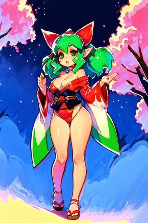 bombshell, pinup, (masterpiece), (best_quality), (ultra-detailed), (illustration), (welcoming) , japanese, (full body:1.3), fox ears girl, cherry blossom trees, kyoto alley, houses, lush greenery, colorful kimono, sexy costume design, blue-green hair, parted bangs,hair ribbon, official art, vivid color, finely detailed, hyper detailed, 8k, high resolution illustration, absurdres, intricate detail<lora:bombshell1a:1>