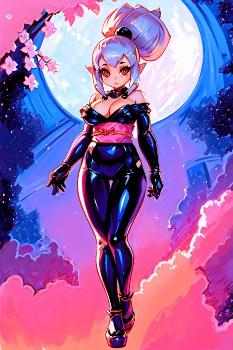 bombshell, pinup, (masterpiece), (best_quality), (ultra-detailed), (illustration), (welcoming) , japanese, (full body:1.3), fox ears girl, cherry blossom trees, kyoto alley, houses, lush greenery, colorful kimono, sexy costume design, dark platinum hair, half updo,parted bangs, official art, vivid color, finely detailed, hyper detailed, 8k, high resolution illustration, absurdres, intricate detail<lora:bombshell1a:1>