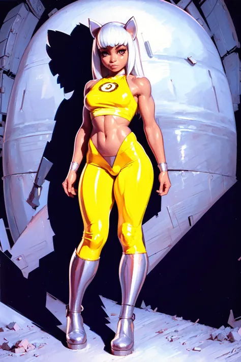 (masterpiece), (best_quality), (ultra-detailed), (illustration), (welcoming), 1girl, (lemon sharp kitty:1.3), (in a brutalist, brutalist bunker:1.3), (full body:1.4), white hair, ponytail, long eyelashes, , pink eyes, [:seductive costume design:0.2], legwarmers,lying on ground, small breasts, wide hips, tall, sexy athletic thicc hourglass figure,(muscular legs:0.25), , ((pants:1.3):1.2), (african, dark skin:0.6), official art, vivid color, finely detailed, hyper detailed, 8k, high resolution illustration, absurdres, intricate detail<lora:bombshell2:1>