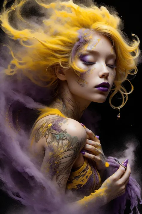 woman dissolves into yellow smoke, by carne griffiths, by aaron horkey, by alphonse mucha <lora:dissolve:1> dissolve, particles, yellow hair, yellow lipstick and makeup, (purple and black background, diagonal pattern in background:1.2), (masterpiece:1.2), best quality,  colorful, (intricate details, hyperdetailed, highest detailed:1.2), high resolution textures