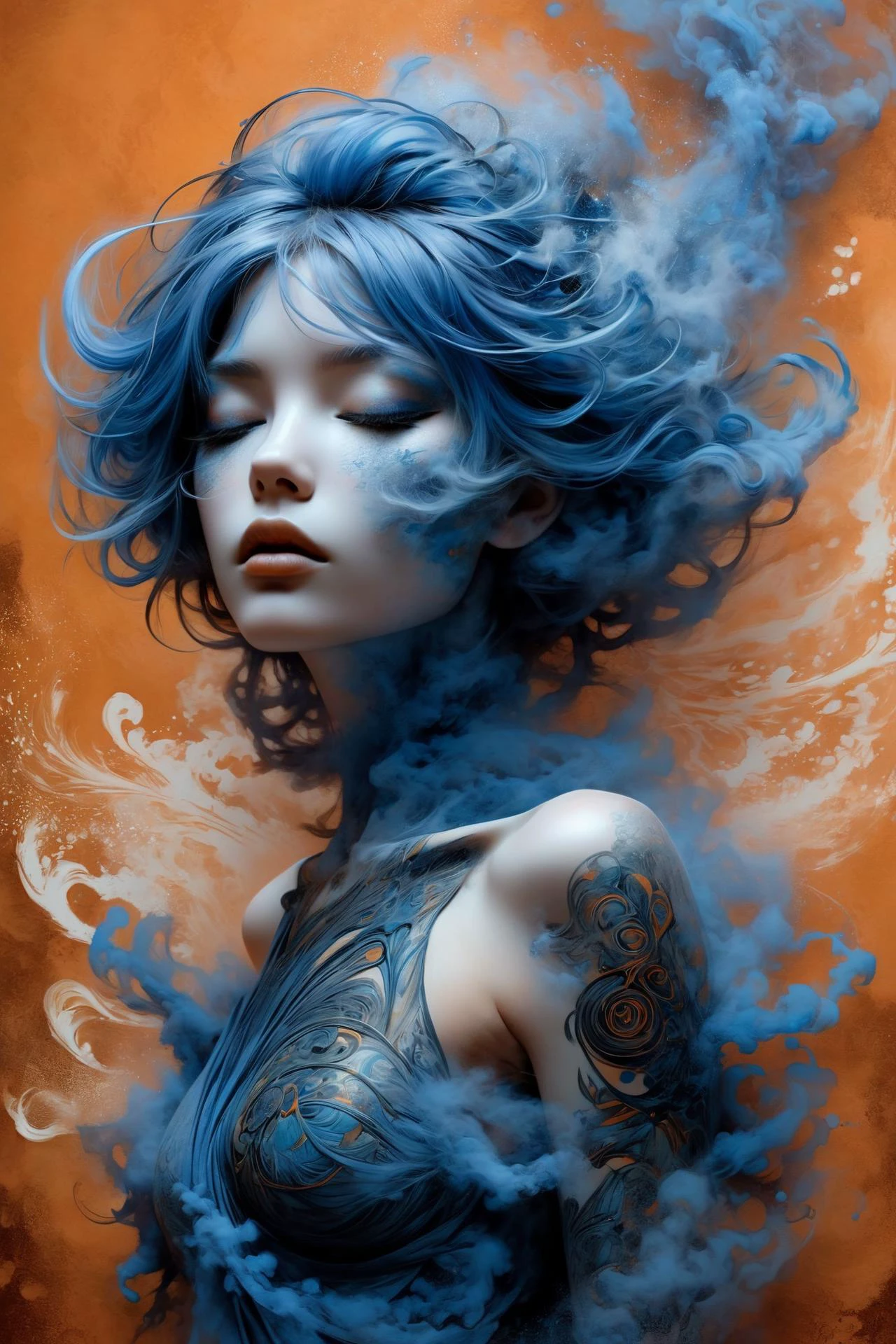 woman dissolves into blue smoke, by carne griffiths, by aaron horkey, by alphonse mucha <lora:dissolve:1> dissolve, particles, blue hair, blue lipstick and makeup, (orange and black background, diagonal pattern in background:1.2), (masterpiece:1.2), best quality, colorful, (intricate details, hyperdetailed, highest detailed:1.2), high resolution textures