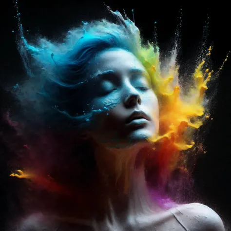 1woman colorful dissolves into into splashes <lora:dissolve:1> dissolve, particles, black background, (masterpiece:1.2), best quality, (hyperdetailed, highest detailed:1.2), high resolution textures