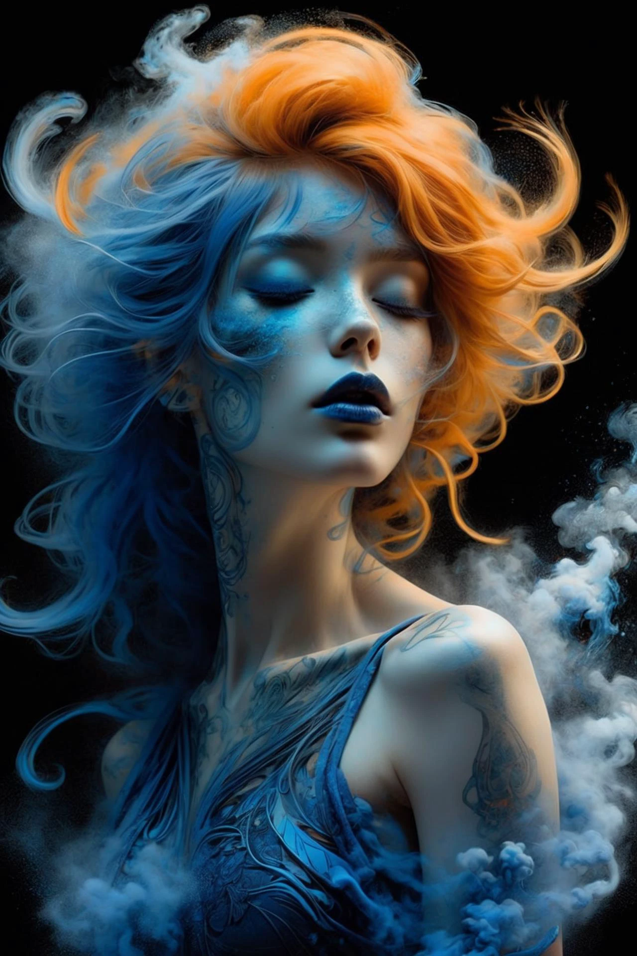 woman dissolves into blue smoke, by carne griffiths, by aaron horkey, by alphonse mucha <lora:dissolve:1> dissolve, particles, blue hair, blue lipstick and makeup, (orange and black background, diagonal pattern in background:1.2), (masterpiece:1.2), best quality, colorful, (intricate details, hyperdetailed, highest detailed:1.2), high resolution textures