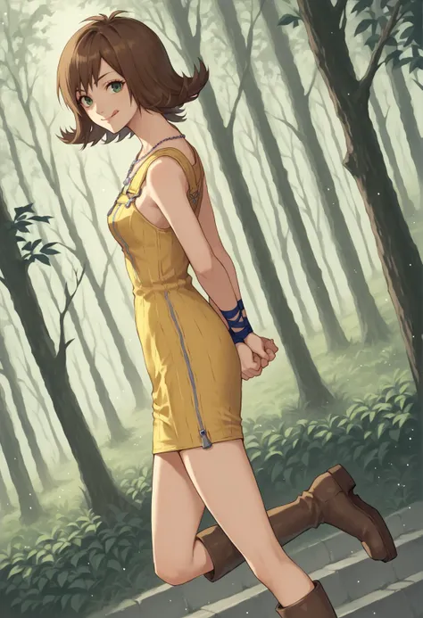 1girl, solo, short hair, brown hair, green eyes, necklace, yellow dress, zipper, wristband, jewelry, boots, arms behind back, smile, tongue out, :p, standing, dutch angle, from side, looking at viewer, outdoors, forest  <lora:Selphie:1>, score_9, score_8_up, score_7_up, score_6_up, score_5_up, score_4_up, BREAK source_anime, masterpiece