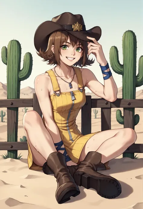 1girl, solo, short hair, brown hair, green eyes, necklace, yellow dress, zipper, wristband, jewelry, boots, sitting, sweat, fence, outdoors, desert, cactus, smile, finger on hat, cowboy hat  <lora:Selphie:1>, score_9, score_8_up, score_7_up, score_6_up, score_5_up, score_4_up, BREAK source_anime, masterpiece