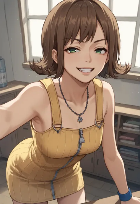 1girl, solo, short hair, brown hair, green eyes, necklace, yellow dress, zipper, wristband, jewelry, smug, mesugaki, seductive smile, teeth, bent over, ((unzipping)), from above, indoors, bedroom  <lora:Selphie:0.8>, score_9, score_8_up, score_7_up, score_6_up, score_5_up, score_4_up, BREAK source_anime, masterpiece