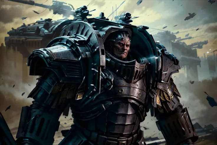 midbody closeup, looking at camera, <lora:Perturabo MK1 by CARAXES:0.8> perturabo, proud, handsome man face, muscular man face, gentle smile, wearing black metallic armor, heavy armor, battleground in background.
futuristic and gothic architecture. desolate landscape , Photorealistic, Hyperrealistic, Hyperdetailed, analog style, detailed skin, matte skin, soft lighting, subsurface scattering, realistic, heavy shadow, masterpiece, best quality, ultra realistic, 8k, Intricate, High Detail <lora:Movie_Style:0.5>