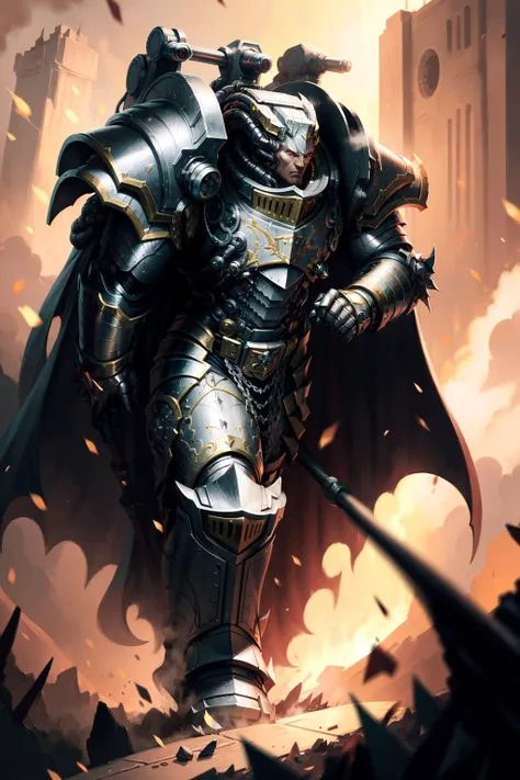 Photo of perturabo in full armor, wearing intricate ornamented metallic armor, holding hammer, ammunition belt details, walking, mech implants, 
(man:1.2), heavy armor, epic, reflective metal, cape, silver trimmings, arm cannon details, shoulder cannon detail, gun detail,
battle, firing, 
 <lora:tool - add_detail:1> <lora:Perturabo MK1 by CARAXES:0.7>