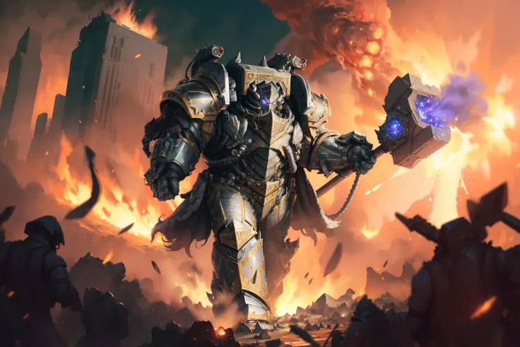 Photo of perturabo in full armor, wearing intricate ornamented metallic armor, holding hammer, ammunition belt details, walking, mech implants, (ascended:1.2),
(man:1.2), heavy armor, epic, reflective metal, silver trimmings, (arm cannon:1.1) details, shoulder cannon detail, gun detail, Gatling gun, machine gun,
battle, firing, army, in the middle of siege, heavy explosion,
<lora:tool - add_detail:1> <lora:Perturabo MK1 by CARAXES:0.7>