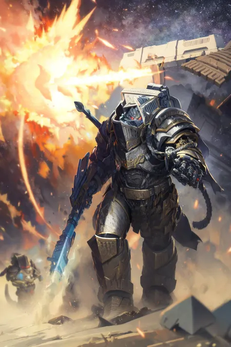 Photo of perturabo in full armor, wearing intricate ornamented metallic armor, holding hammer, ammunition belt details, walking, mech implants, (ascended:1.2),
(man:1.2), heavy armor, epic, reflective metal, silver trimmings, (arm cannon:1.1) details, shoulder cannon detail, gun detail, Gatling gun, machine gun,
battle, firing, army, in the middle of siege, heavy explosion,
<lora:tool - add_detail:1> <lora:Perturabo MK1 by CARAXES:0.7>