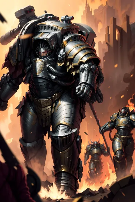Photo of perturabo in full armor, wearing intricate ornamented metallic armor, holding hammer, ammunition belt details, walking, mech implants,
(man:1.2), heavy armor, epic, reflective metal, silver trimmings, arm cannon details, shoulder cannon detail, gun detail, Gatling gun, machine gun,
battle, firing, army,
<lora:tool - add_detail:1> <lora:Perturabo MK1 by CARAXES:0.7>