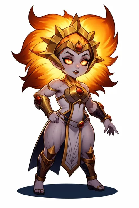 <lora:DotA_Dawnbreaker-DEF:0.8> dawnbreaker, solo, fiery hair, tiara, colored sclera, glowing eyes, vambraces, tabard, colored skin, full body, chibi style, white background