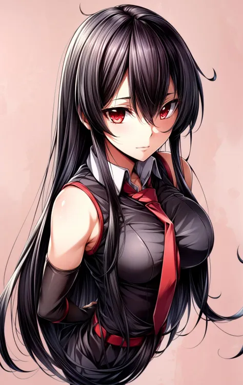 masterpiece, best quality, <lora:Akame:0.7>, akame (akame ga kill!), full body, 1girl, solo, long hair, black hair, red eyes, necktie, very long hair, looking at viewer, gloves, breasts