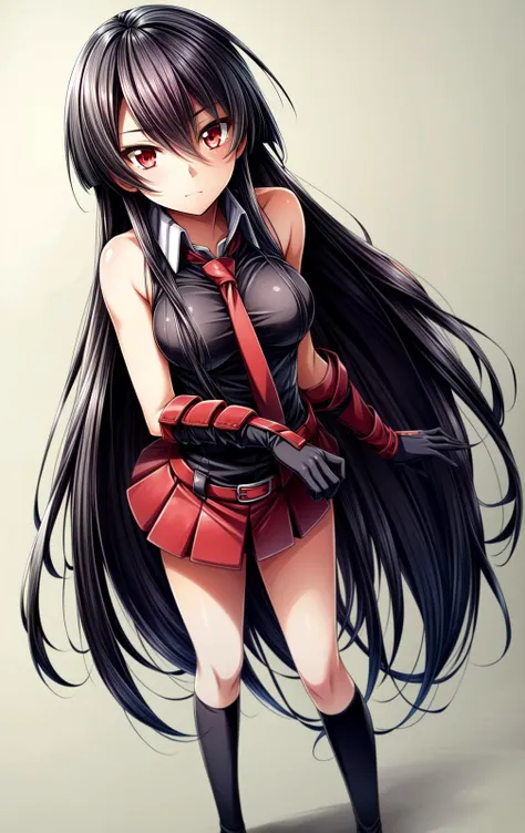 masterpiece, best quality, <lora:Akame:0.7>, akame (akame ga kill!), full body, 1girl, solo, long hair, black hair, red eyes, necktie, very long hair, looking at viewer, gloves, breasts