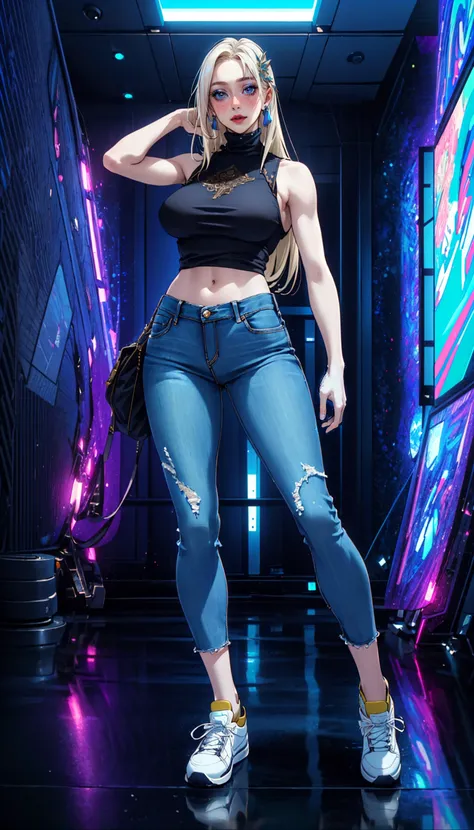 (masterpiece, realistic:1.3), (extremely intricate:1.2), (photorealistic:1.4), (extremely delicate), (ultra realistic:1.3), (intricately detailed full body), (modelshot style), (full body photo of the most beautiful artwork in the world), extremely detailed CG unity 8k wallpaper, UHD, HDR, RAW photo, dslr, hyperrealistic 3d render, realistic LUT, cinematic LUT,
intricate complex room background, (A modern floating co-working space, offering professionals a unique and inspiring work environment on water), <lora:ostris_HDhelper_v10:0.1>, <lora:ostris_detailSlider_v40:2>, <lora:envy_betterhands_beta2:1.2>, (pale skin, detailed skin:1.3, Glossy skin + Shiny skin:1.1), hair ornament, exquisite earrings, gigantic breasts, skinny body, fit body, slim, narrow waist, slim legs, long legs, sneakers, <lora:xphg_jujutsuKaisen_yukiTsukumo_v10:0.8>, blonde hair, long hair, straight hair, brown eyes, black top, turtleneck, sleeveless, jeans, dynamic pose, feminine pose,