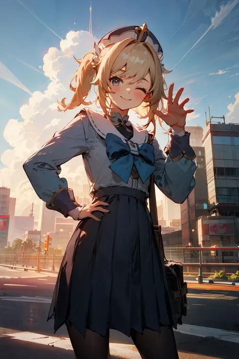 masterpiece,best quality,barbara_genshin,1girl,looking at viewer,tokyo \(city\),road,school uniform,school bag,day,cloudy sky,sun light,one eye closed,smile,(waving hand:1.1),hand on hip <lora:barbara_genshin:0.25>