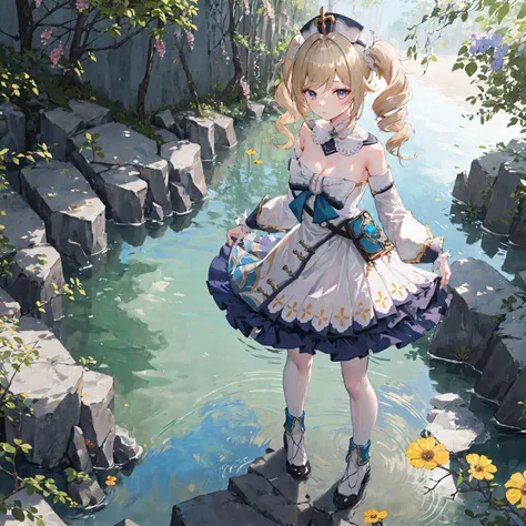masterpiece,best quality,barbara_genshin,1girl,full body,grabbing skirt,standing in water,sunlight,flowers,creek,stone path,clean water,reflective water,ripples,shadow,
<lora:barbara_genshin1.1:1>