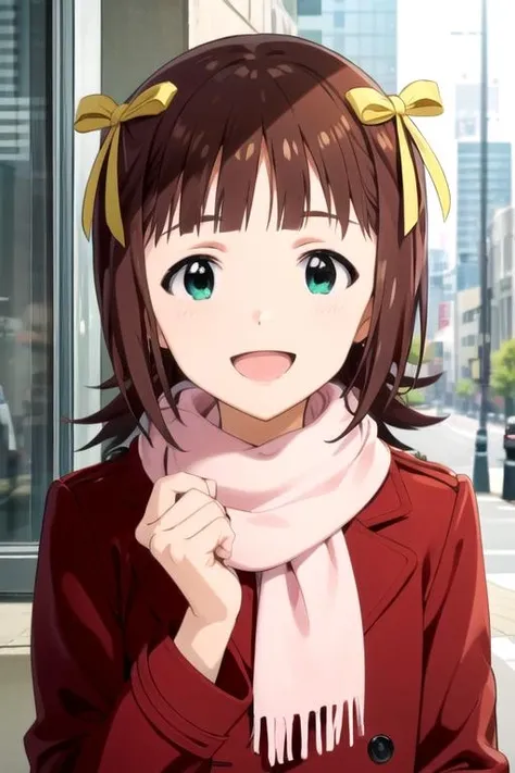 (((pixel-perfect, detail-perfect))), solo, 1girl, <lora:haruka-idolmaster:0.8>, haruka amami, yellow ribbons, red coat, scarf, looking at viewer, smile, :d