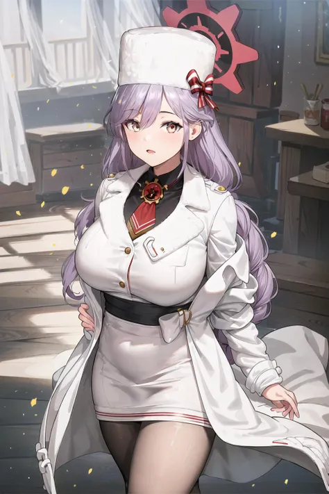 intricate details, cinematic light, 1girl, high resolution illustration, (masterpiece:1.5), (best quality:1.2), (beautiful background:1.2), detailed background, standing, crossing legs,  (white coat:1.6), (black pantyhose:1.3), halo, hat, braid, tomoe_(blue_archive), <lora:tomoe_(blue_archive):0.7>