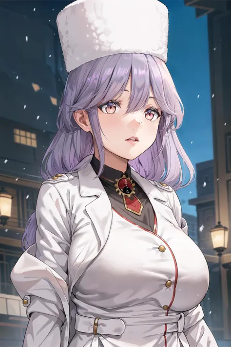 intricate details, cinematic light, 1girl, high resolution illustration, (masterpiece:1.5), (best quality:1.2), (beautiful background:1.2), detailed background, standing, (white coat:1.5), ((upper body)), halo, hat, braid, tomoe_(blue_archive), <lora:tomoe_(blue_archive):0.7>