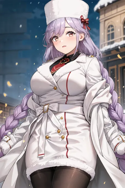 intricate details, cinematic light, 1girl, high resolution illustration, (masterpiece:1.5), (best quality:1.2), (beautiful background:1.2), detailed background, standing, (white coat:1.5), (black pantyhose:1.3), halo, hat, braid, tomoe_(blue_archive), <lora:tomoe_(blue_archive):0.7>