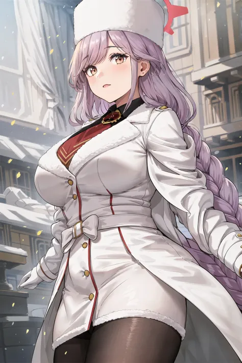 intricate details, cinematic light, 1girl, high resolution illustration, (masterpiece:1.5), (best quality:1.2), (beautiful background:1.2), detailed background, standing, (white coat:1.5), (black pantyhose:1.3), halo, hat, braid, tomoe_(blue_archive), <lora:tomoe_(blue_archive):0.7>