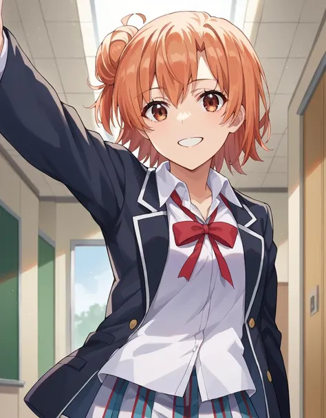 score_9, score_8_up, score_7_up, source_anime,
yuiyuigahama, <lora:yui-yuigahama-ponyxl-lora-nochekaiser:1>,
yui yuigahama, short hair, brown eyes, orange hair, hair bun, single hair bun, smile,
skirt, shirt, ribbon, school uniform, jacket, white shirt, black jacket, blazer, sobu high school uniform,
indoors, classroom, hallway,
looking at viewer, dutch angle, cowboy shot, dynamic pose,