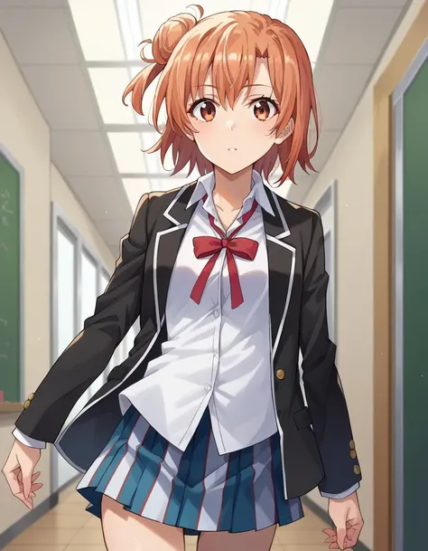 score_9, score_8_up, score_7_up, source_anime,
yuiyuigahama, <lora:yui-yuigahama-ponyxl-lora-nochekaiser:1>,
yui yuigahama, short hair, brown eyes, orange hair, hair bun, single hair bun,
skirt, shirt, ribbon, school uniform, jacket, white shirt, black jacket, blazer, sobu high school uniform,
indoors, classroom, hallway,
looking at viewer, dutch angle, cowboy shot,