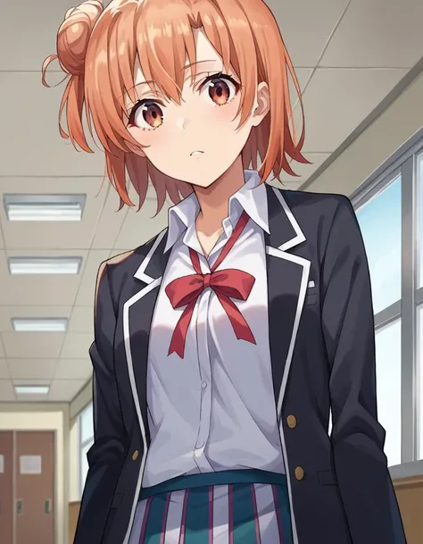 score_9, score_8_up, score_7_up, source_anime,
yuiyuigahama, <lora:yui-yuigahama-ponyxl-lora-nochekaiser:1>,
yui yuigahama, short hair, brown eyes, orange hair, hair bun, single hair bun,
skirt, shirt, ribbon, school uniform, jacket, white shirt, black jacket, blazer, sobu high school uniform,
indoors, classroom, hallway,
looking at viewer, dutch angle, cowboy shot,