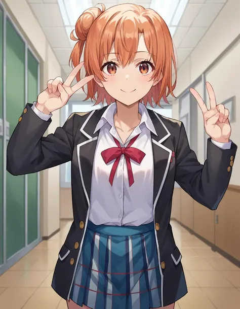 score_9, score_8_up, score_7_up, source_anime,
yuiyuigahama, <lora:yui-yuigahama-ponyxl-lora-nochekaiser:1>,
yui yuigahama, short hair, brown eyes, orange hair, hair bun, single hair bun, smile,
skirt, shirt, ribbon, school uniform, jacket, white shirt, black jacket, blazer, sobu high school uniform,
indoors, classroom, hallway,
looking at viewer, dutch angle, cowboy shot, dynamic pose, peace sign,
