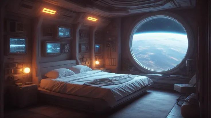 <lora:Anchespaceroom-V1:0.7>,anchespaceroom, scenery, no humans, bed, science fiction