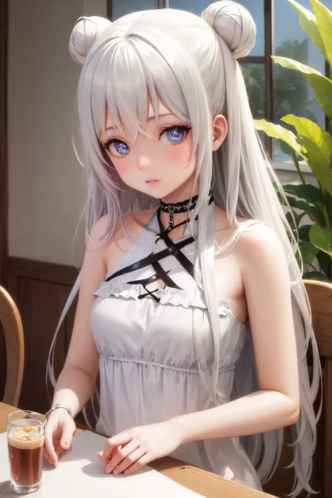 (masterpiece, best quality:1.2), <lyco:azurlane_lemalin-10:1.0>, upper body, solo, 1girl, lemalincasual, expressionless, looking at viewer, double bun, symbol-shaped pupils, sleeveless dress, criss-cross halterneck, choker, indoors, table